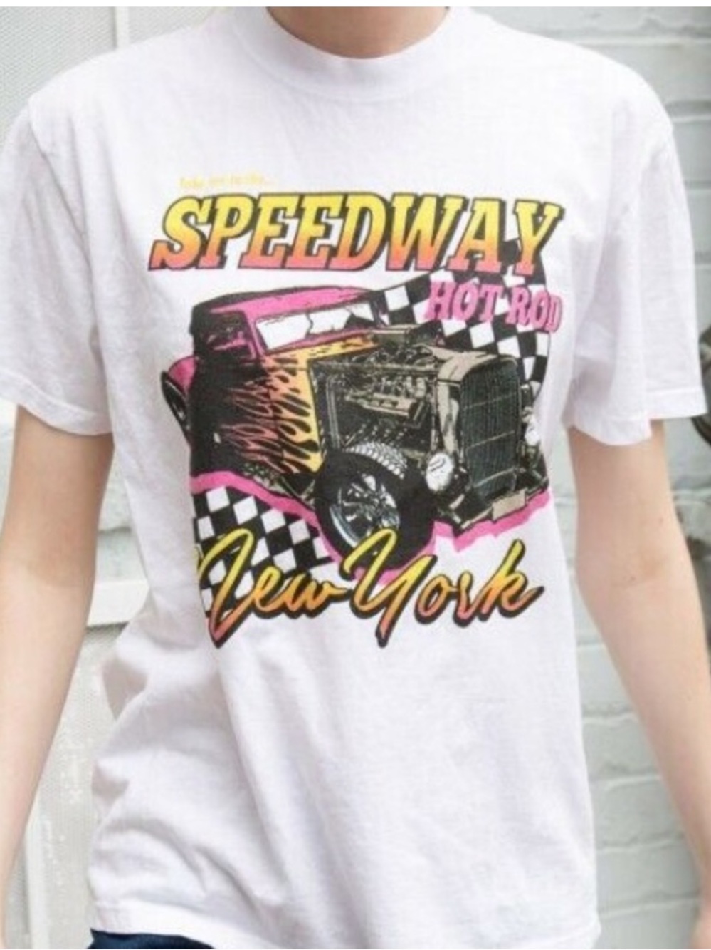 Brandy Melville White Speedway Hot Rod Graphic Tee with Pink & Yellow Accents
